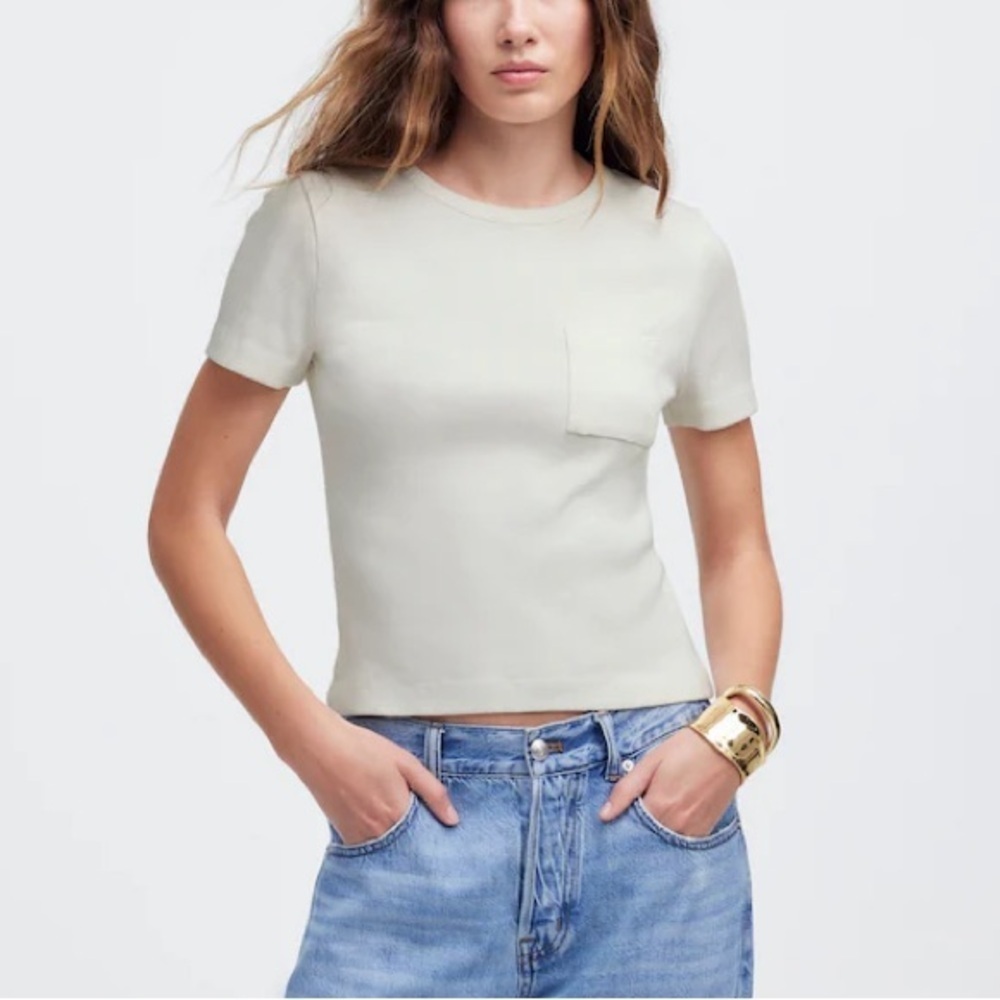 NWT Madewell Ivory Garment-Dyed Ribbed Crewneck Pocket Tee